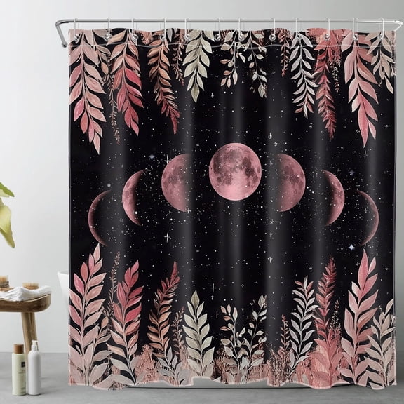 HVEST Moon Phase Plant Leaf Shower Curtain with Pink Moon and Starry Night Aesthetic Design - Black and Pink Bathroom Decor, Waterproof Polyester Fabric, Includes 12 Hooks, 72x72 Inches