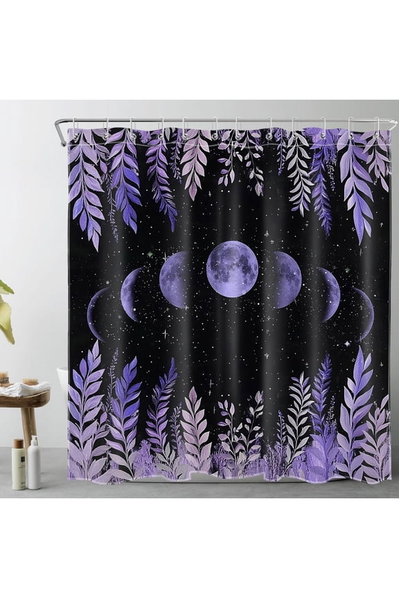 Moon Phase Plant Leaf Shower Curtain with Purple Moon and Starry Night Aesthetic Design - Black and Purple Bathroom Decor, Waterproof Polyester Fabric, Includes 12 Hooks, 72x72 Inches