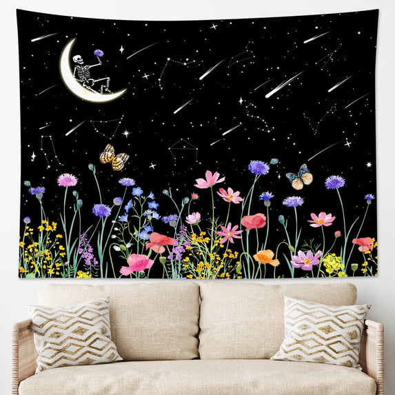 HVEST Moon Tapestry Colorful Floral Plants with Hippie Skull Tapestry Wall Hanging Starry Sky Aesthetic Tapestry Aesthetic Garden Tapestry for Living Room Bedroom Home Decor 60x40 inch (150cm×100cm)