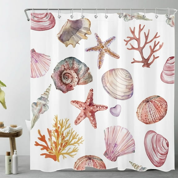 HVEST Nautical Coastal Shower Curtain with Starfish, Seashell, Pink Coral & Conch Design - Beach Bathroom Decor, Waterproof Polyester Fabric, Includes 12 Hooks, 72x78 Inches