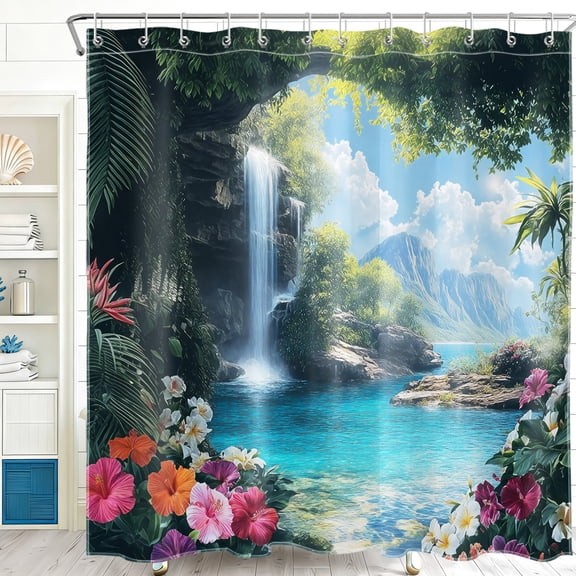 HVEST Ocean Forest Flower Shower Curtain, Summer Tropical Rainforest Coastal Waterfall Shower Curtain - Nature Landscape Bathroom Decor, Waterproof Polyester Fabric, Includes 12 Hooks, 72x72 Inches