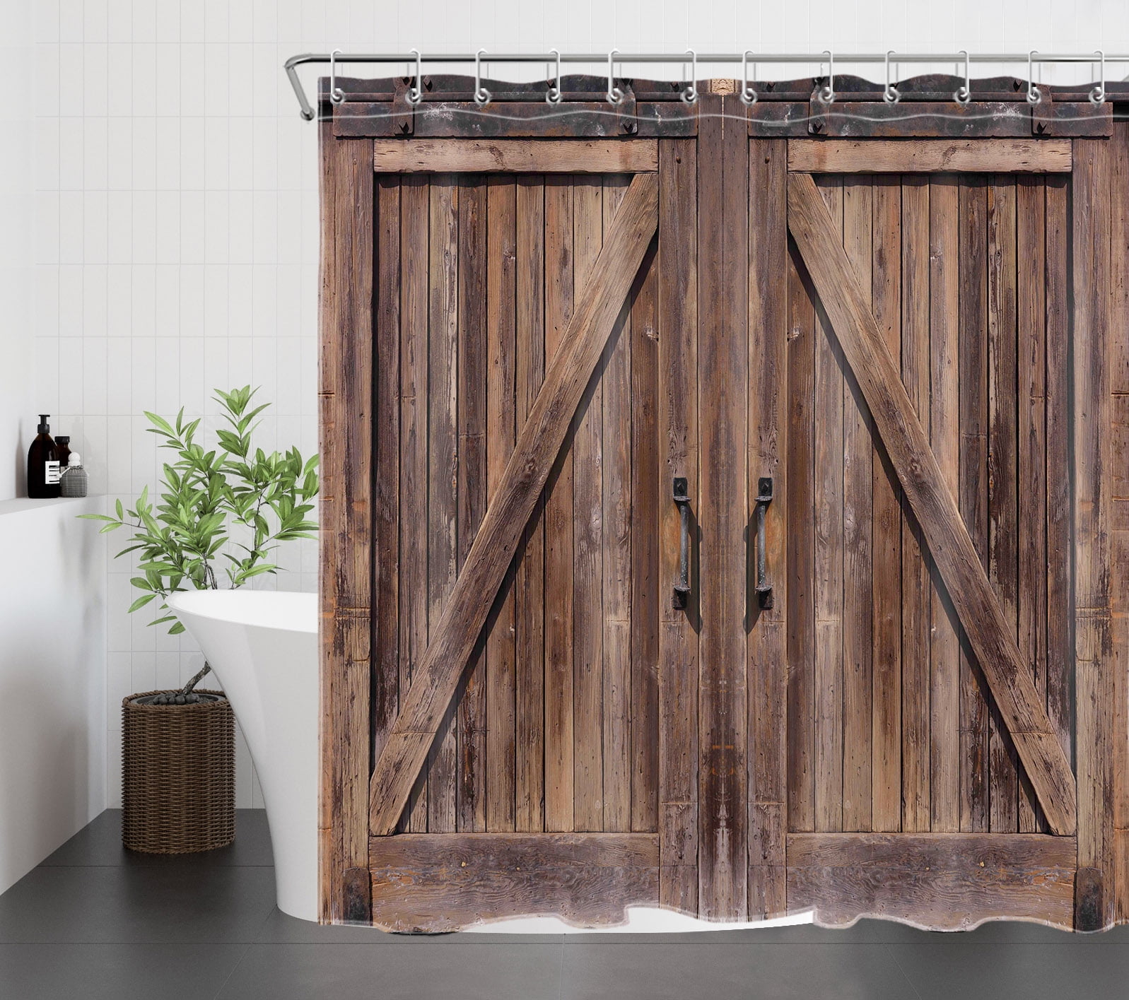 Drgilau Rustic Barn Door Shower Curtain - Farmhouse Wooden Floral Design, Waterproof Polyester, 69x78 Inch With 12 Hooks