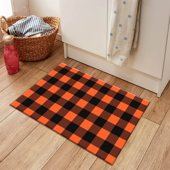 HVEST Orange and Black Checkered Kitchen Rug Mat - Halloween Geometric Plaid Washable Non-Slip Cushioned Floor Mat, Waterproof Comfort Mats for Kitchen Sink, Laundry, Office, 23.6"x15.7"