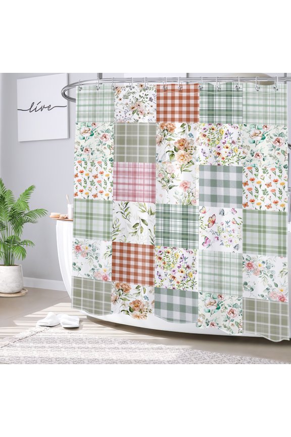 Patchwork Plaid Floral Shower Curtain, Sage Green Flower Shower Curtain - Retro Checkered Wildflower Bathroom Decor, Waterproof Polyester Fabric, Includes 12 Hooks, 72x78 Inches