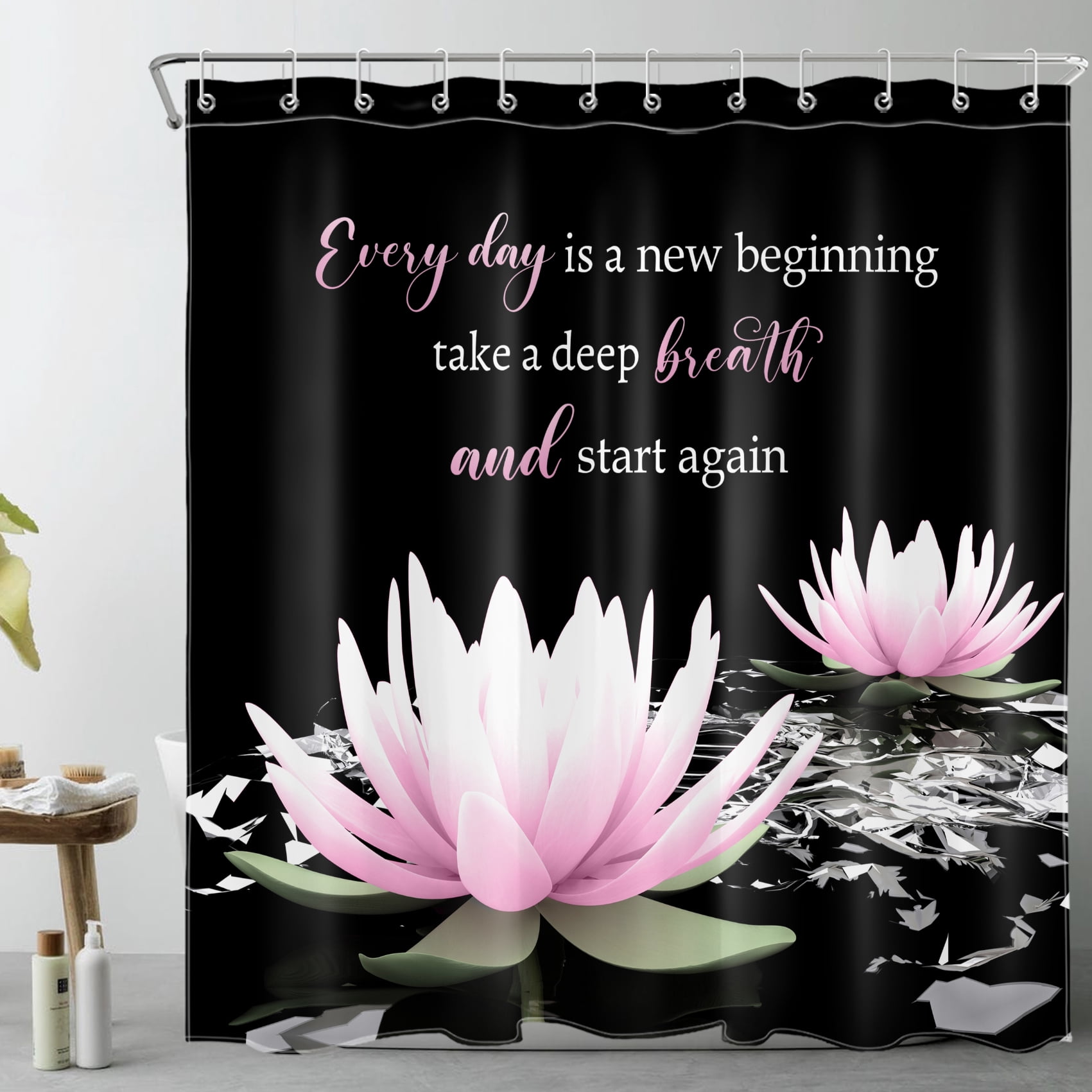 HVEST Pink and Black Floral Shower Curtain with Pink Water Lily and Inspirational Quotes Design - Zen Spa Flower Bathroom Decor, Waterproof Polyester Fabric, Includes 12 Hooks, 72x72 Inches