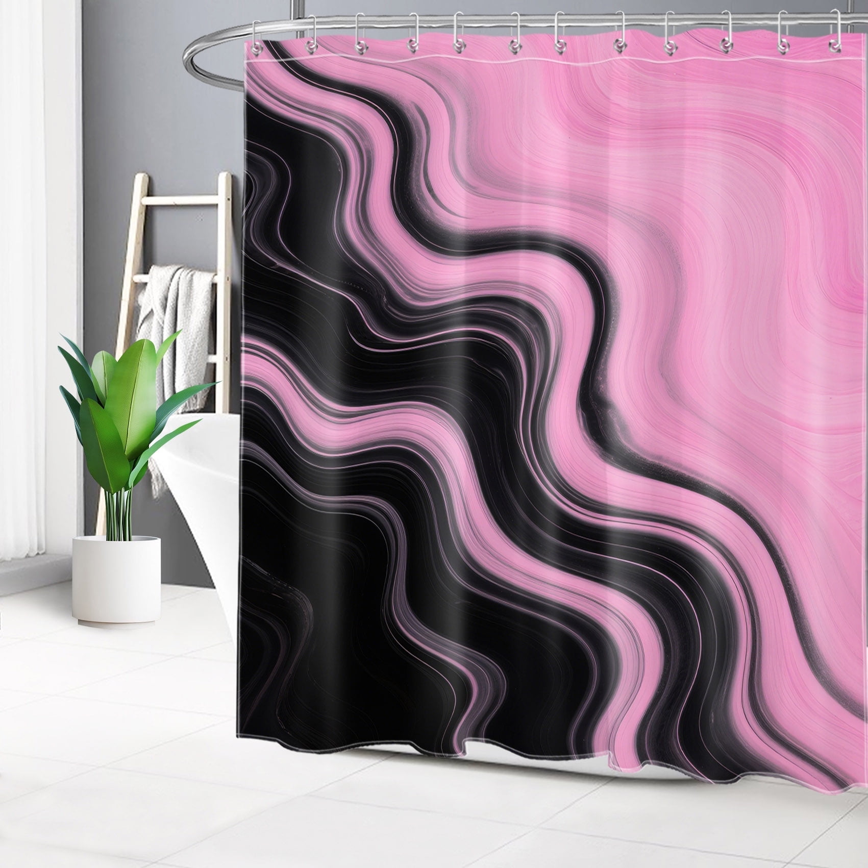 HVEST Pink and Black Wave Shower Curtain with Abstract Black and Pink Geometric Marble Design - Modern Aesthetic Bathroom Decor, Waterproof Polyester Fabric, Includes 12 Hooks, 72x78 Inches