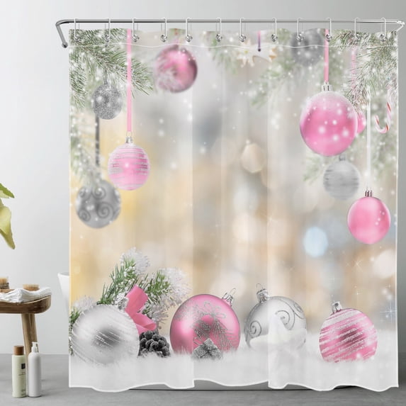 HVEST Pink Christmas Shower Curtain Ball Pink and Silver Xmas Ball and Pine Branch in Snow Shower Curtain for Bathroom Winter Snow Bathroom Shower Curtain with Hooks, 72 x 78Inch