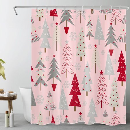 HVEST Pink Christmas Shower Curtain for Bathroom Abstract Red Grey Xmas Tree and Winter Snowflake Bathroom Shower Curtains with Hooks, Modern Geometric Bathroom Curtains Shower Set 60x72 inch