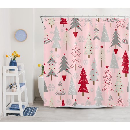 HVEST Pink Christmas Shower Curtain for Bathroom Abstract Red Grey Xmas Tree and Winter Snowflake Bathroom Shower Curtains with Hooks, Modern Geometric Bathroom Curtains Shower Set 72x78 inch