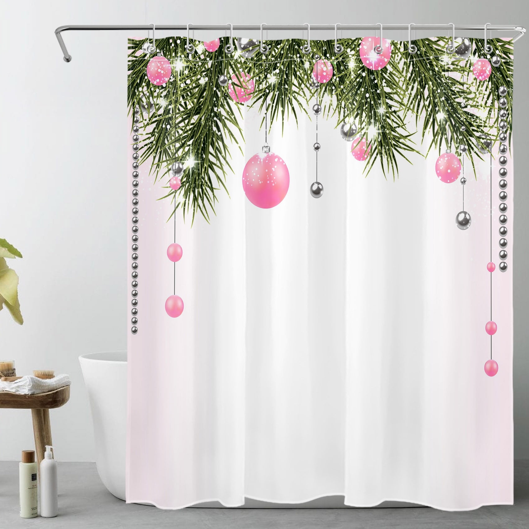 HVEST Pink Christmas Shower Curtain for Bathroom, Silver Xmas Ball with