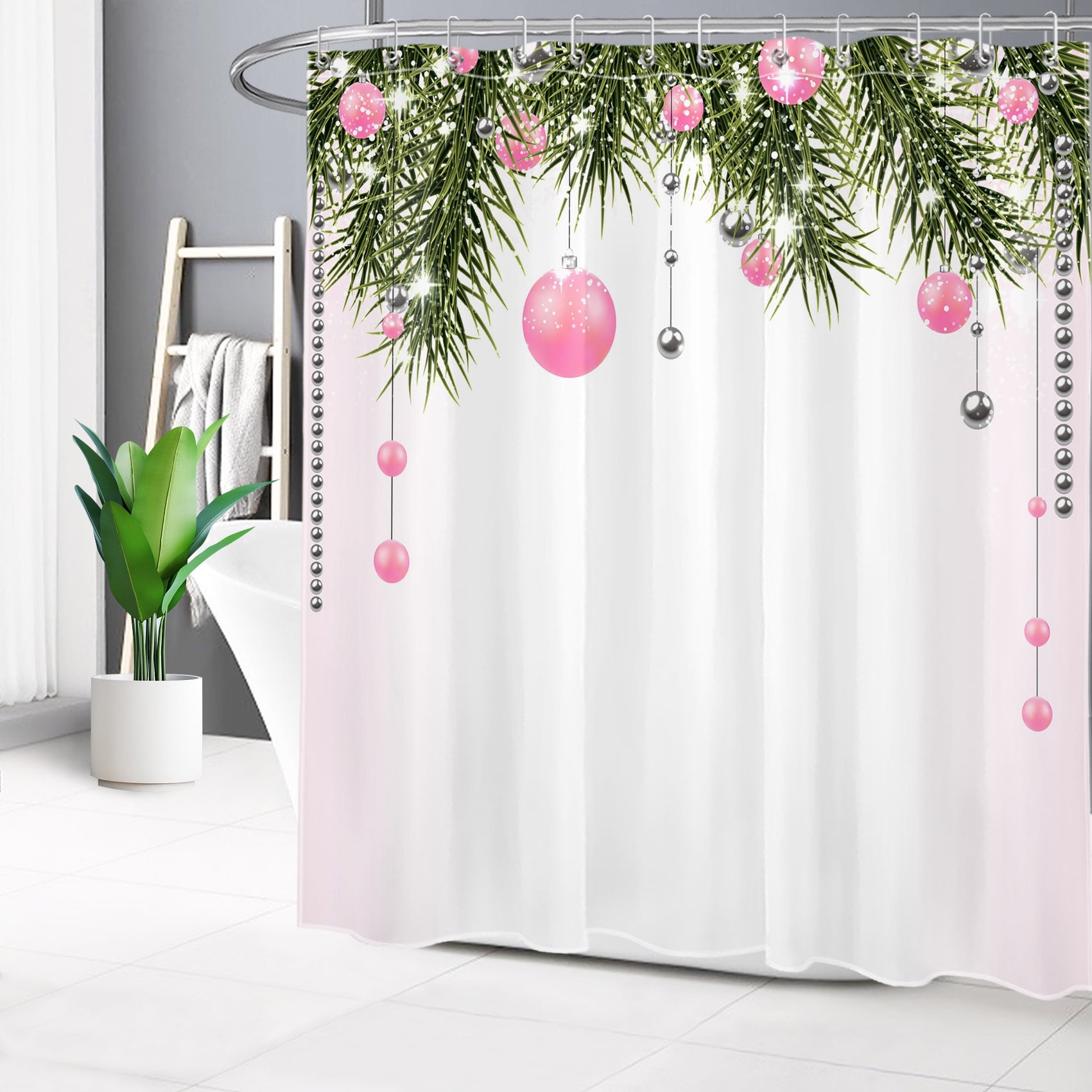 HVEST Pink Christmas Shower Curtain for Bathroom, Silver Xmas Ball with