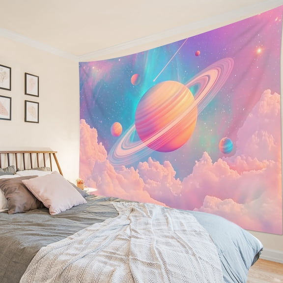 HVEST Pink Cloud Space Tapestry Wall Hanging Celestial Planet & Cloud Wall Tapestry for Girls Bedroom Fantasy Pastel Galaxy Tapestry for Living Room College Dorm Home Decor,92.5x70.9 inch