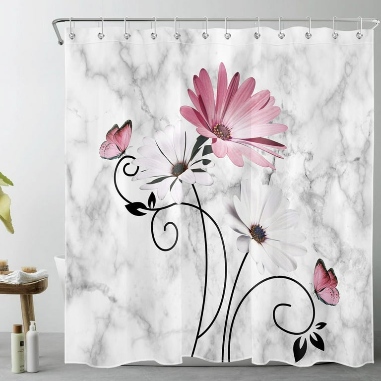 HVEST Pink Daisy Shower Curtain for Bathroom,Butterfly with White
