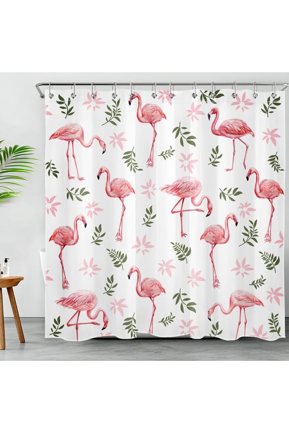 Pink Flamingo Shower Curtain, Summer Flamingo Palm Leaf Botanical Shower Curtain - Watercolor Tropical Bathroom Decor, Waterproof Polyester Fabric, Includes 12 Hooks, 72x78 Inches