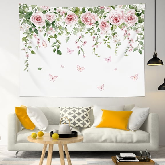 HVEST Pink Floral Butterfly Tapestry Wall Hanging Pink Flower and Green Leaf Plant Wall Tapestry for Bedroom Spring Floral Tapestry for Living Room College Dorm Home Decor,60x40 inch