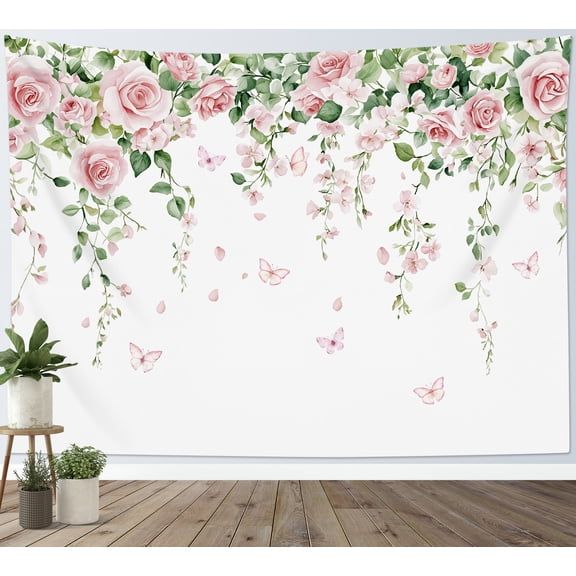 HVEST Pink Floral Plant Tapestry Wall Hanging Pink Flower Butterfly and Green Leaf Wall Tapestry for Bedroom Rustic Floral Tapestry for Living Room College Dorm Home Decor,80x60 inch