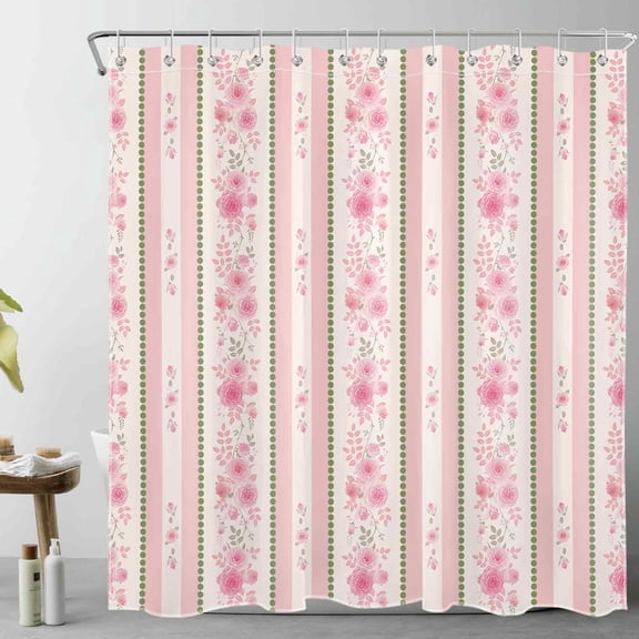 HVEST Pink Floral Striped Shower Curtain with Vertical Striped Pastel Flower Design - Pink and White Bathroom Decor, Waterproof Polyester Fabric, Includes 12 Hooks, 72x72 Inches