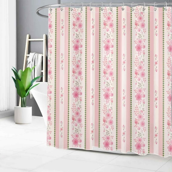 HVEST Pink Floral Striped Shower Curtain with Vertical Striped Pastel Flower Design - Pink and White Bathroom Decor, Waterproof Polyester Fabric, Includes 12 Hooks, 72x78 Inches