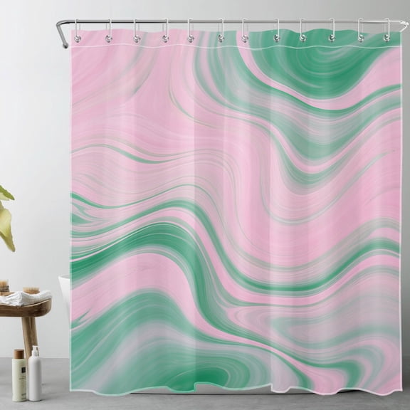 HVEST Pink and Green Marble Shower Curtain with Abstract Boho Marble Wave Design - Modern Geometric Pastel Bathroom Decor, Waterproof Polyester Fabric, Includes 12 Hooks, 72x72 Inches