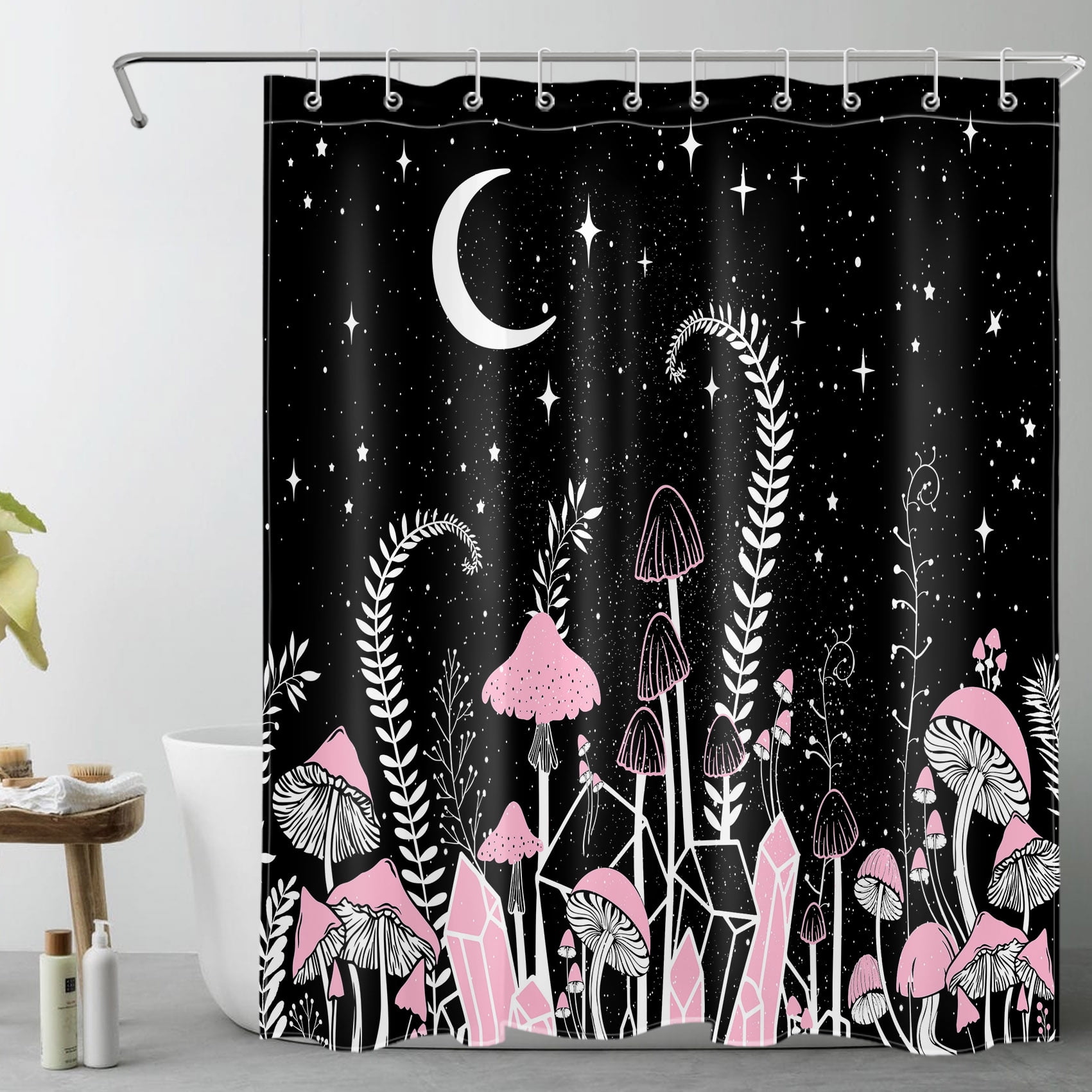 Nature Plant Wild Flower Mushroom Pink Shower Curtain Set for Bathroom Decor