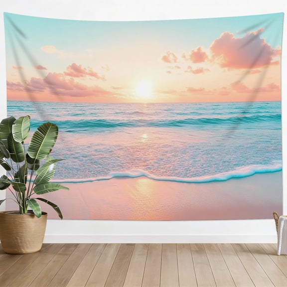 HVEST Pink Sky Ocean Tapestry Wall Hanging Teal Sea Ocean and Pink Pastel Cloud Wall Tapestry for Bedroom Nature Landscape Tapestry for Living Room College Dorm Home Decor,60x40 inch