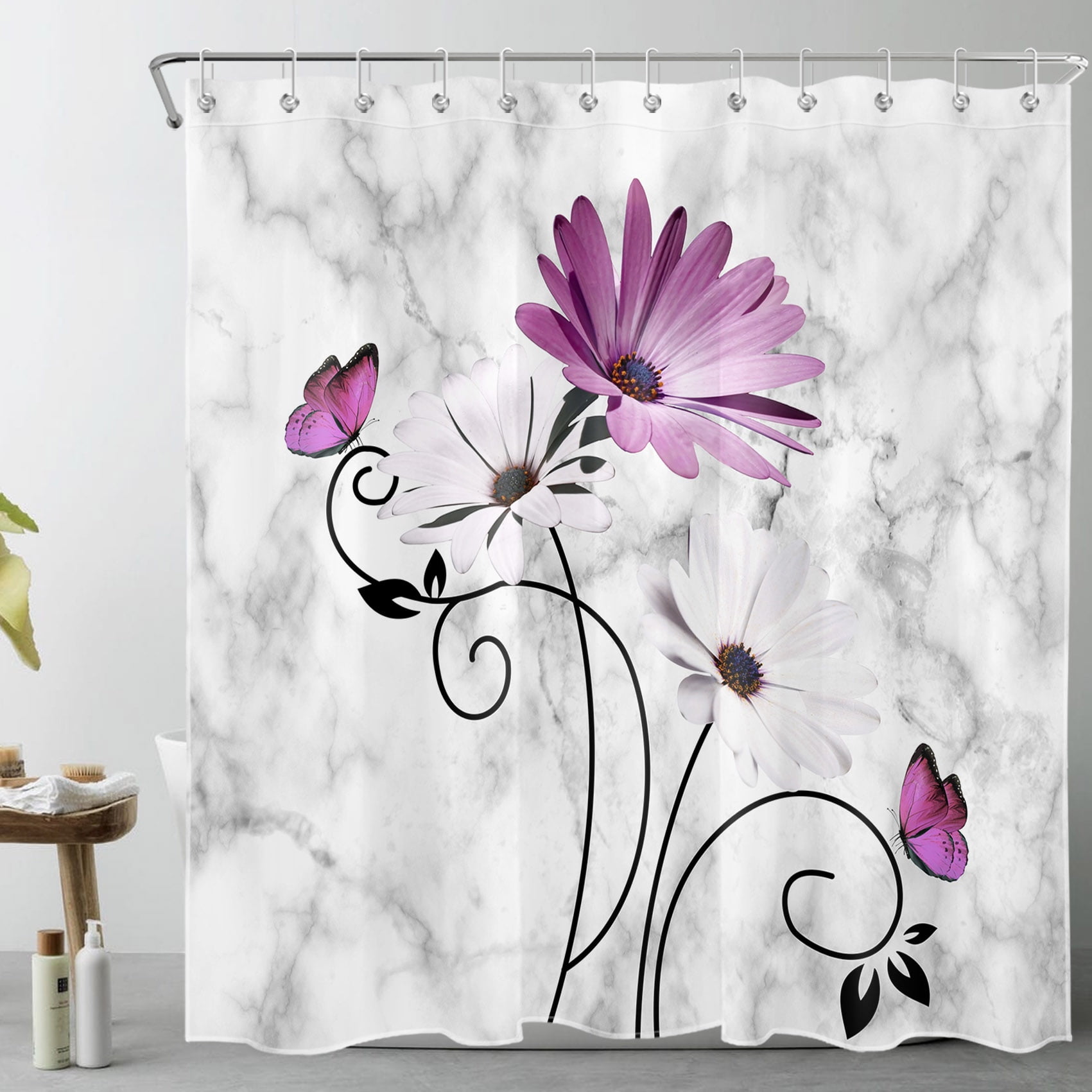 HVEST Purple Daisy Shower Curtain for Bathroom,Butterfly with White Floral on Abstract Grey and