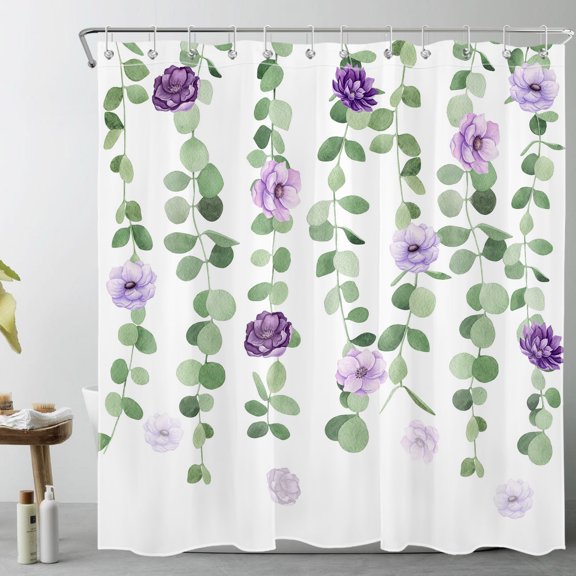 HVEST Purple Floral Shower Curtain for Bathroom Spring Flower and Sage Green Eucalyptus Leaf Bathroom Shower Curtains with Hooks, Country Nature Plant Bathroom Curtains Shower Set 69x70 inch