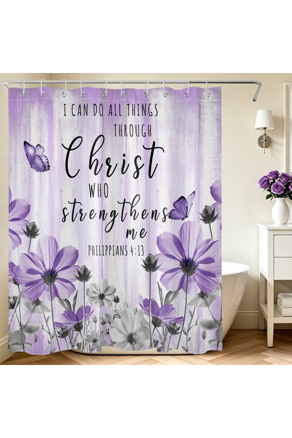 Purple Floral Shower Curtain, Farmhouse Purple Butterfly Flower Shower Curtain - Bible Verse Bathroom Decor, Waterproof Polyester Fabric, Includes 10 Hooks, 60x72 Inches