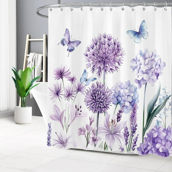 HVEST Purple Floral Shower Curtain with Lavender Hydrangea Blue Butterfly Design - Watercolor Flower Botanical Bathroom Decor, Waterproof Polyester Fabric, Includes 12 Hooks, 72x78 Inches