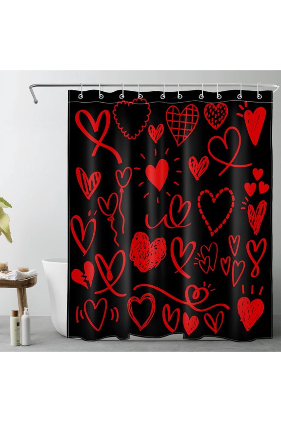 Red and Black Valentines Day Shower Curtain, Red Sweet Love Heart Shower Curtain - Valentine's Day Bathroom Decor, Waterproof Polyester Fabric, Includes 10 Hooks, 60x72 Inches