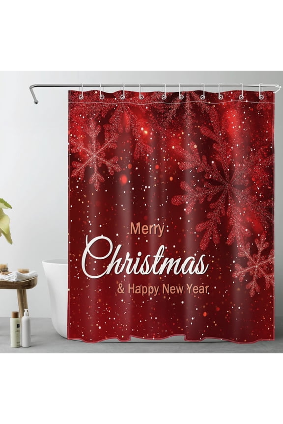 Red Christmas Snowflake Shower Curtain with Winter Xmas Red Snowflake Design - Merry Christmas Holiday Bathroom Decor, Waterproof Polyester Fabric, Includes 10 Hooks, 60x72 Inches
