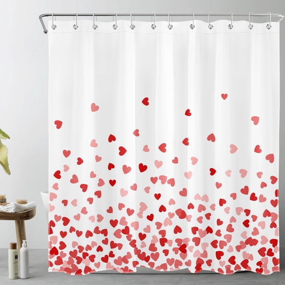 HVEST Romantic Valentine's Day Shower Curtain Red and Pink Love Hearts on White Bathroom Curtain with Hooks 72x78 inch Waterproof Polyester Fabric Bathroom Decorations