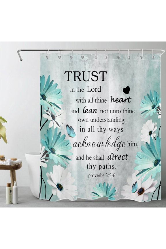 Rustic Farmhouse Floral Shower Curtain, Teal Flower and Bible Verse Shower Curtain - Vintage Butterfly Bathroom Decor, Waterproof Polyester Fabric, Includes 10 Hooks, 60x72 Inches