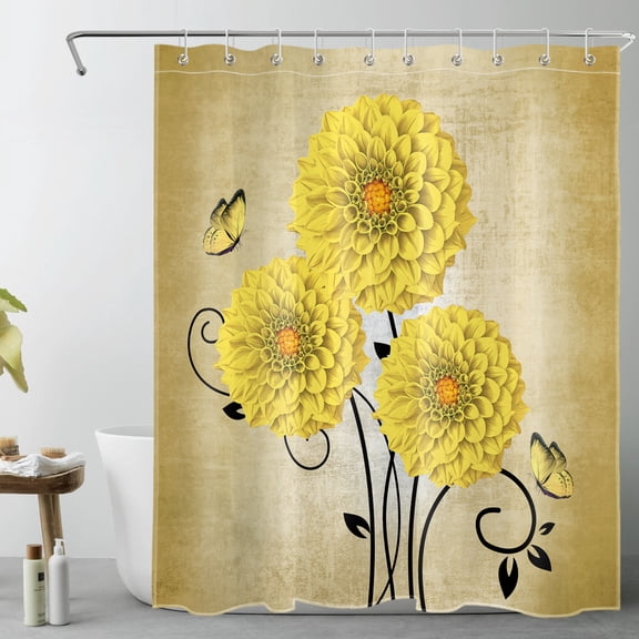 HVEST Rustic Farmhouse Shower Curtain, Yellow Dahlia Flower Butterfly Shower Curtain - Yellow Floral Bathroom Decor, Waterproof Polyester Fabric, Includes 10 Hooks, 60x72 Inches