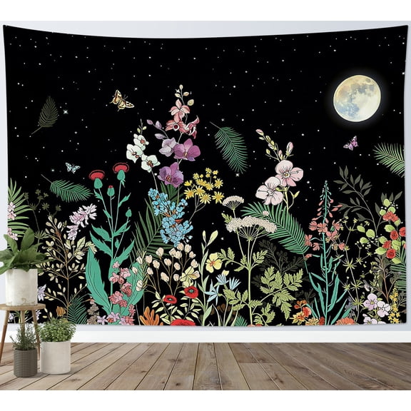 HVEST Rustic Floral Plant Tapestry Wall Hanging Wildflower Flower Botanical Wall Tapestry for Bedroom Black Starry Sky Moon Tapestry for Living Room College Dorm Home Decor,60x40 inch
