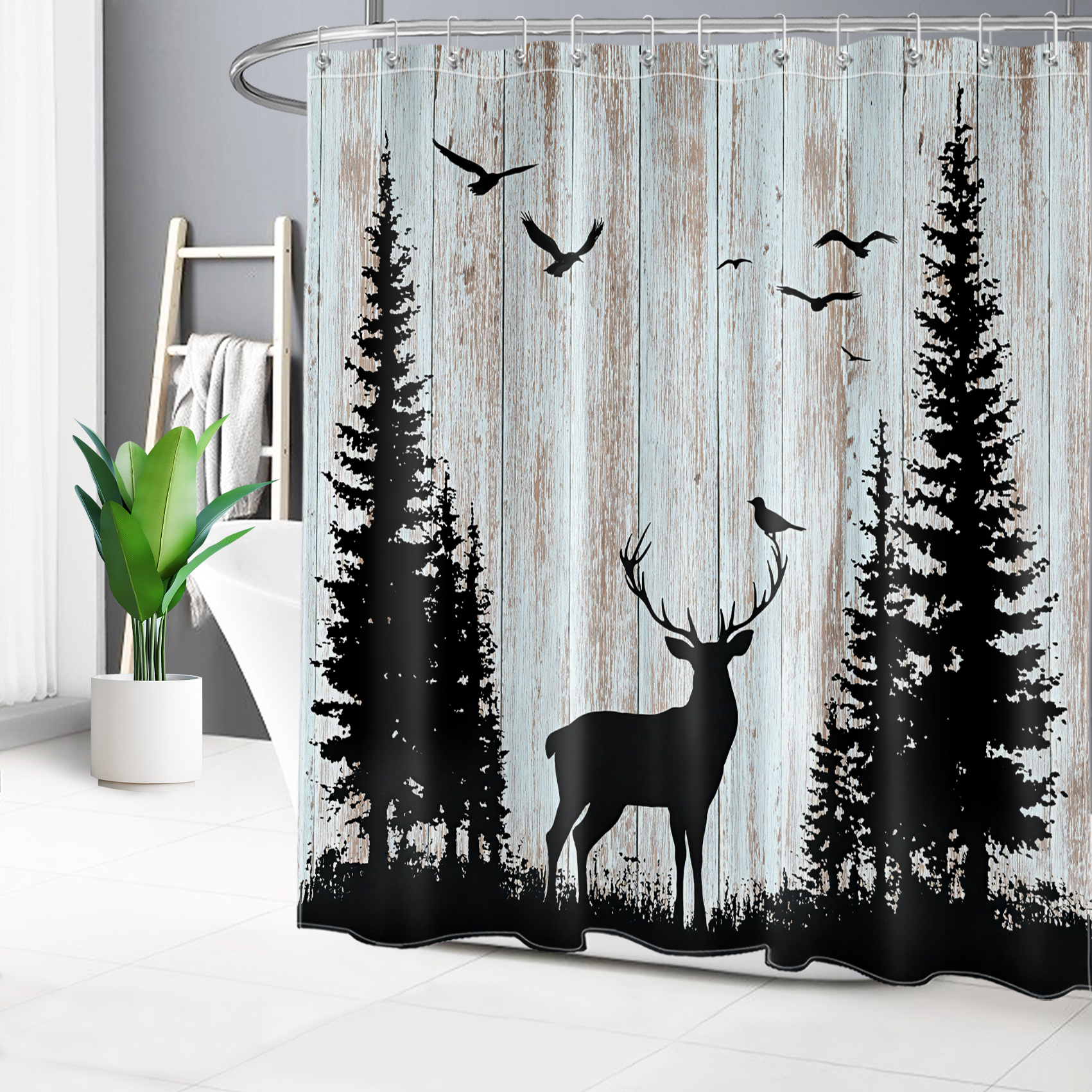 HVEST Rustic Forest Deer Shower Curtain with Farmhouse Cabin Wildlife Animal Design - Vintage Wood Bathroom Decor, Waterproof Polyester Fabric, Includes 12 Hooks, 72x78 Inches