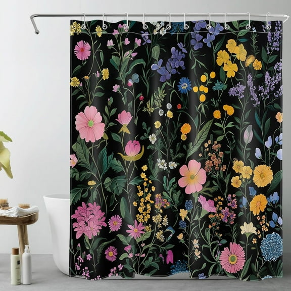 HVEST Rustic Wildflower Botanical Shower Curtain with Pink and Yellow Floral on Black Design - Flower Plant Bathroom Decor, Waterproof Polyester Fabric, Includes 10 Hooks, 60x72 Inches