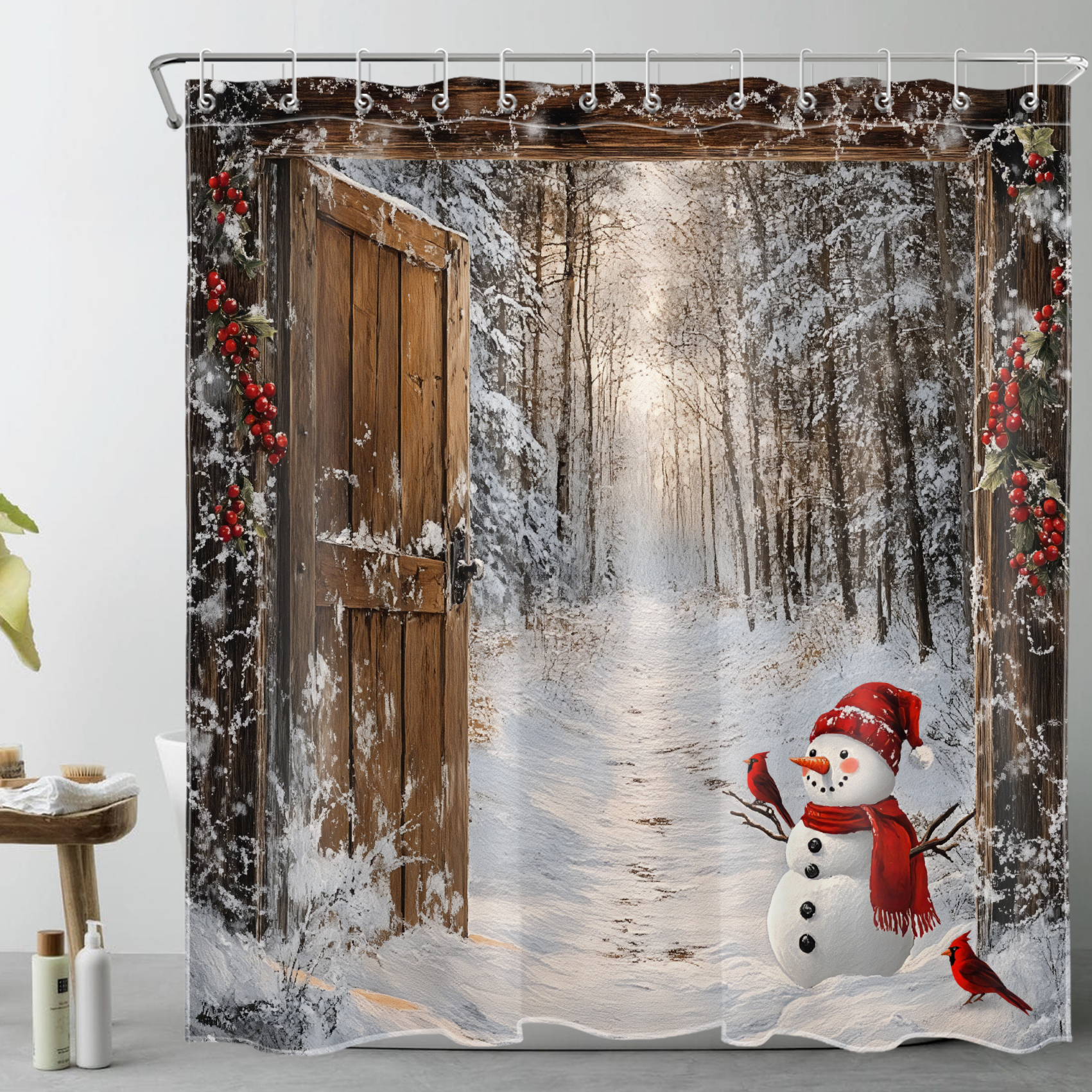 HVEST Rustic Winter Christmas Shower Curtain with Cute Snowman and Winter Snow Forest Design - Farmhouse Barn Door Bathroom Decor, Waterproof Polyester Fabric, Includes 12 Hooks, 72x72 Inches
