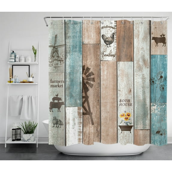 HVEST Rustic Wooden Shower Curtain with Hooks, 72x78 Inch Farmhouse Brown Teal Vintage Planks Barn Door Shower Curtains for Bathroom, Polyester Fabric Wood Boards Bathroom Decor Waterproof