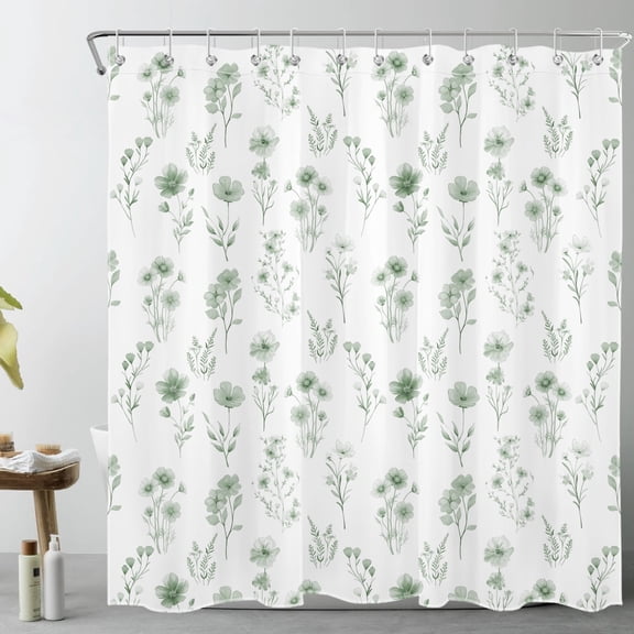 HVEST Sage Green Floral Shower Curtain, Boho Watercolor Flower Botanical Shower Curtain - Spring Wildflower Bathroom Decor, Waterproof Polyester Fabric, Includes 12 Hooks, 72x72 Inches