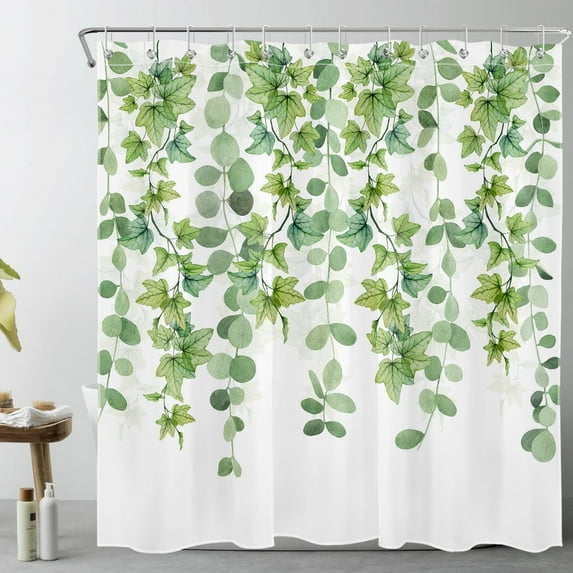 HVEST Sage Green Leaf Shower Curtain for Bathroom Eucalyptus Leaf and Maple Leaf Green Botanical on White Bathroom Shower Curtains with Hooks, Spring Nature Bathroom Curtains Shower Set 69x70 inch