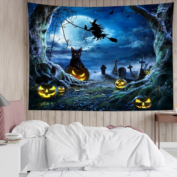 HVEST Scary Halloween Graveyard Tapestry Wall Hanging Black Cat Witch and Spooky Pumpkin Wall Tapestry for Bedroom Horror Night Tapestry for Living Room College Dorm Home Decor,80x60 inch