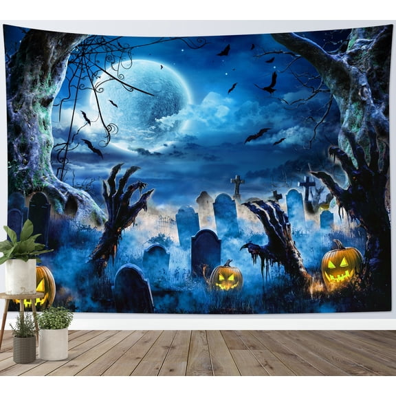 HVEST Scary Halloween Graveyard Tapestry Wall Hanging Spooky Pumpkin Bat Wall Tapestry for Bedroom Horror Night Full Moon Tapestry for Living Room College Dorm Home Decor,60x40 inch
