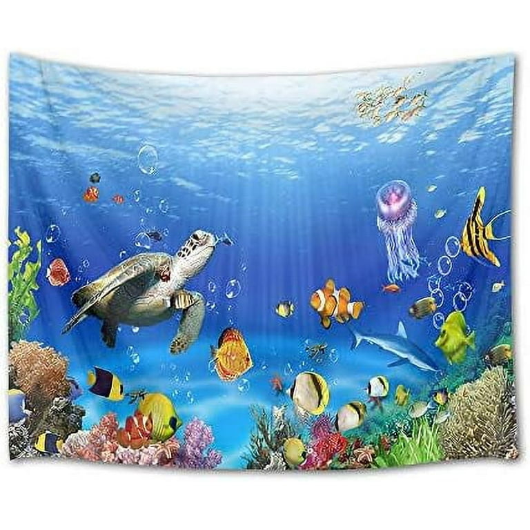 HVEST Sea Turtle Tapestry Tropical Fish Jellyfish and Coral Reef Under Blue Sea  Wall Hanging Blanket Ocean Tapestries for Bedroom Living Room Dorm Decor  60Wx40H inches 