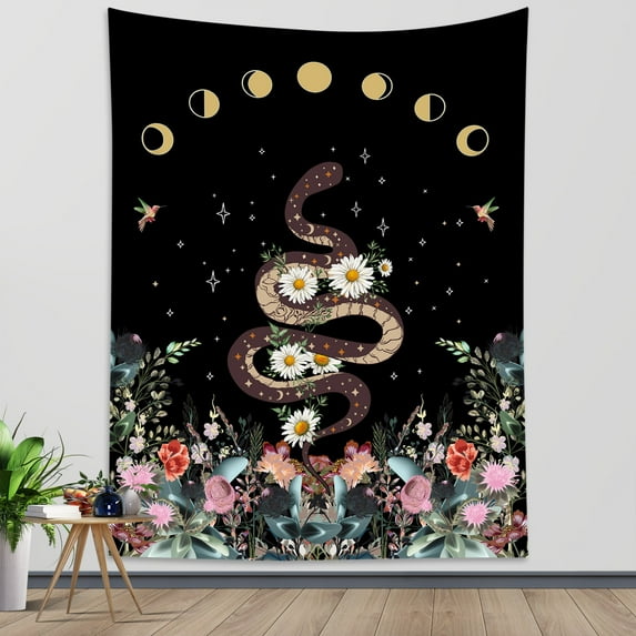 HVEST Snake Tapestry Colorful Plant Floral Moon Phase Trippy Wall Hanging Witchy Tarot Wall Decor, Abstract Aesthetic Tapestries for Living Room Bedroom Blanket College Dorm Home Decor, 60x80 Inch