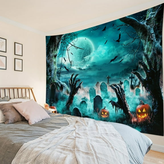 HVEST Spooky Halloween Graveyard Tapestry Wall Hanging Scary Pumpkin Bat Wall Tapestry for Bedroom Horror Night Full Moon Tapestry for Living Room College Dorm Home Decor,92.5x70.9 inch