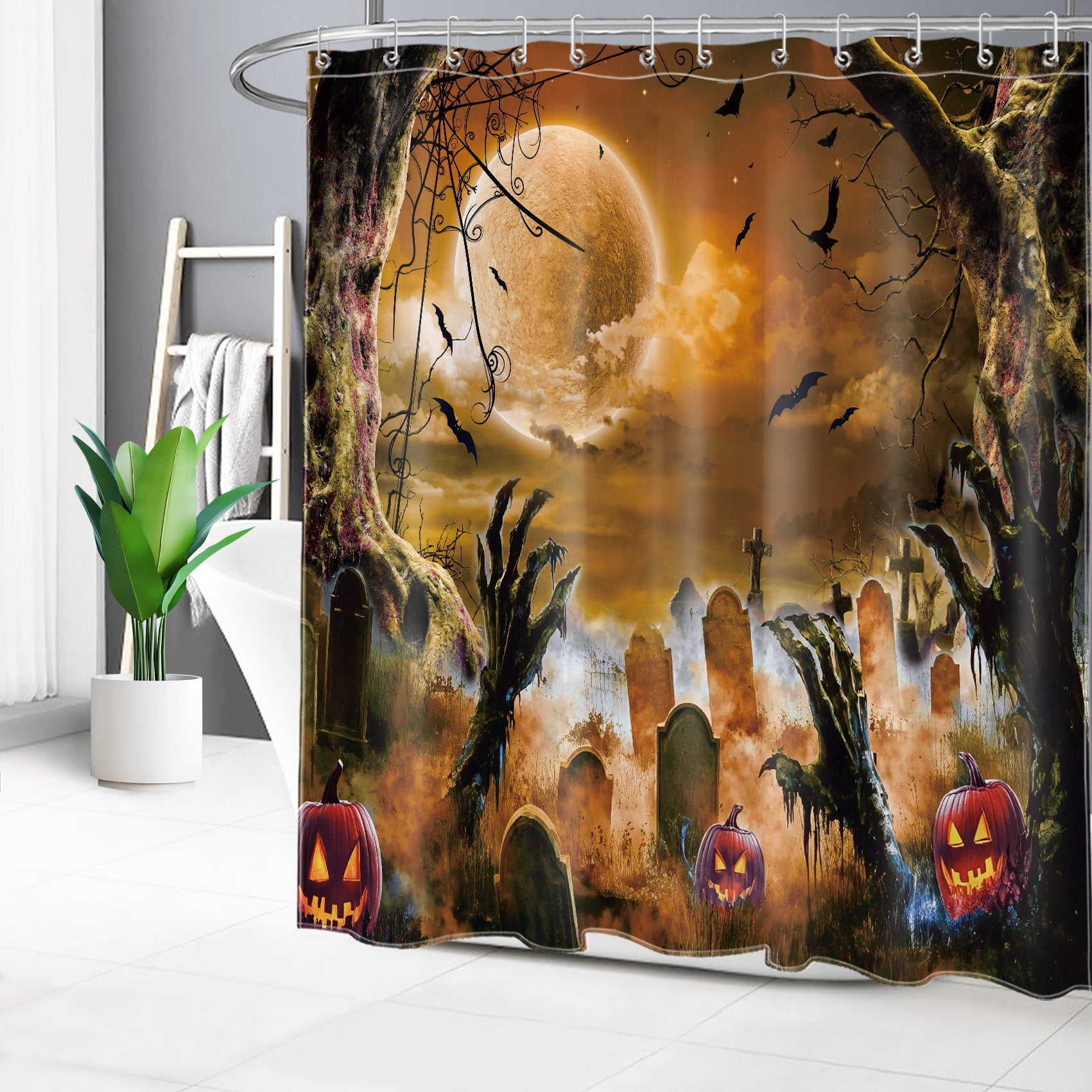 HVEST Spooky Halloween Shower Curtain with Scary Pumpkin Graveyard and ...