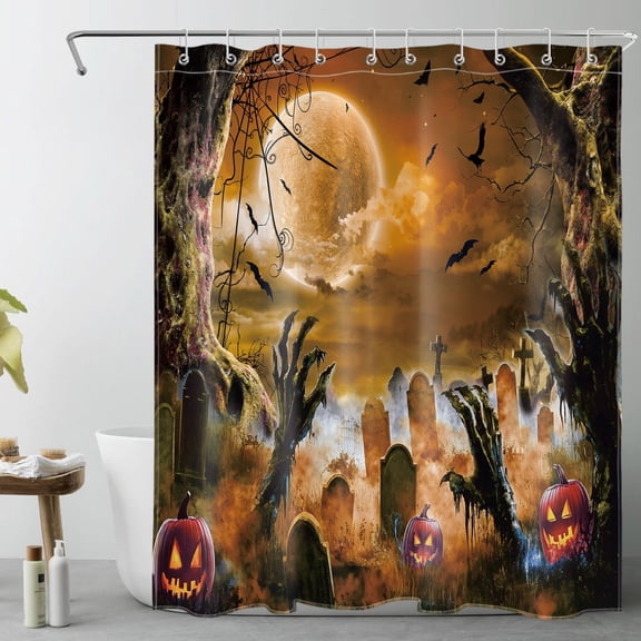 HVEST Spooky Halloween Shower Curtain with Scary Pumpkin Graveyard and Black Bat Design - Horror Night Full Moon Bathroom Decor, Waterproof Polyester Fabric, Includes 10 Hooks, 60x72 Inches