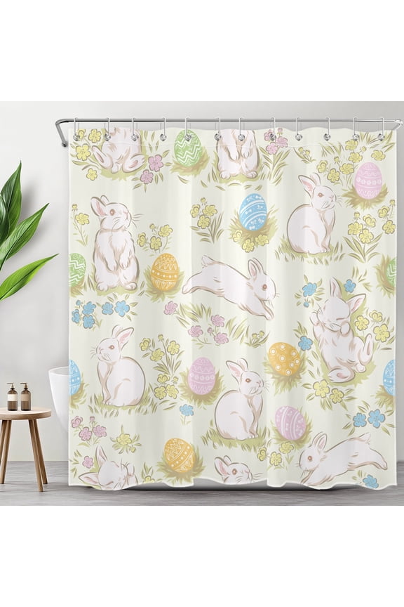 Spring Easter Bunny Shower Curtain, Cute Rabbit Floral Shower Curtain - Easter Eggs Beige Bathroom Decor, Waterproof Polyester Fabric, Includes 12 Hooks,72x72 Inches