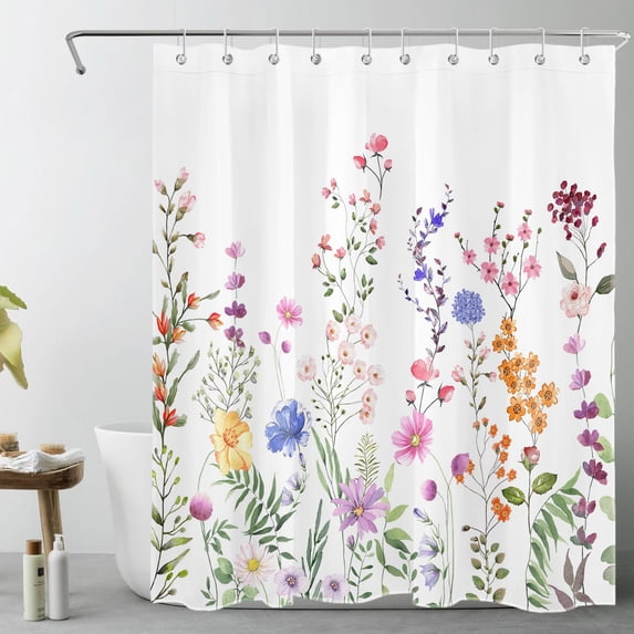 HVEST Spring Floral Shower Curtain for Bathroom,Rustic Blue and Pink Wildflower Green Leaf Plant on White Fabric Shower Curtain with Hooks,Country Nature Bathroom Curtains Shower Set, 60x72 inches
